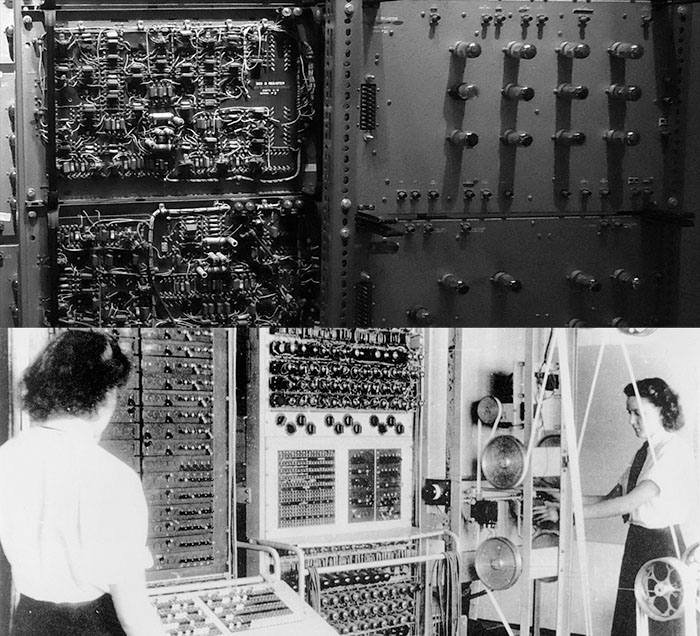 top: MIT Whirlwind Computer / bottom: Colossus British computer with operators (both images courtesy Wikipedia)